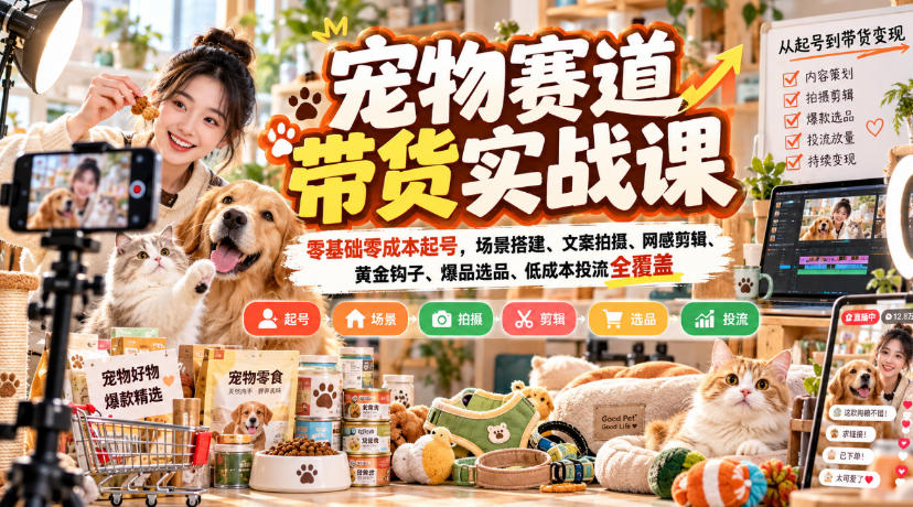 宠物赛道带货实战课，零基础零成本起号，场景搭建、文案拍摄、网感剪辑、黄金钩子、爆品选品、低成本投流全覆盖-泱泱学习社