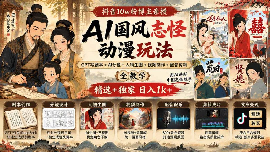 抖音10w粉博主亲授AI国风志怪动漫玩法｜GPT写剧本+AI分镜+人物生图+视频制作+配音剪辑全教学｜精选+独家日入1k+-泱泱学习社