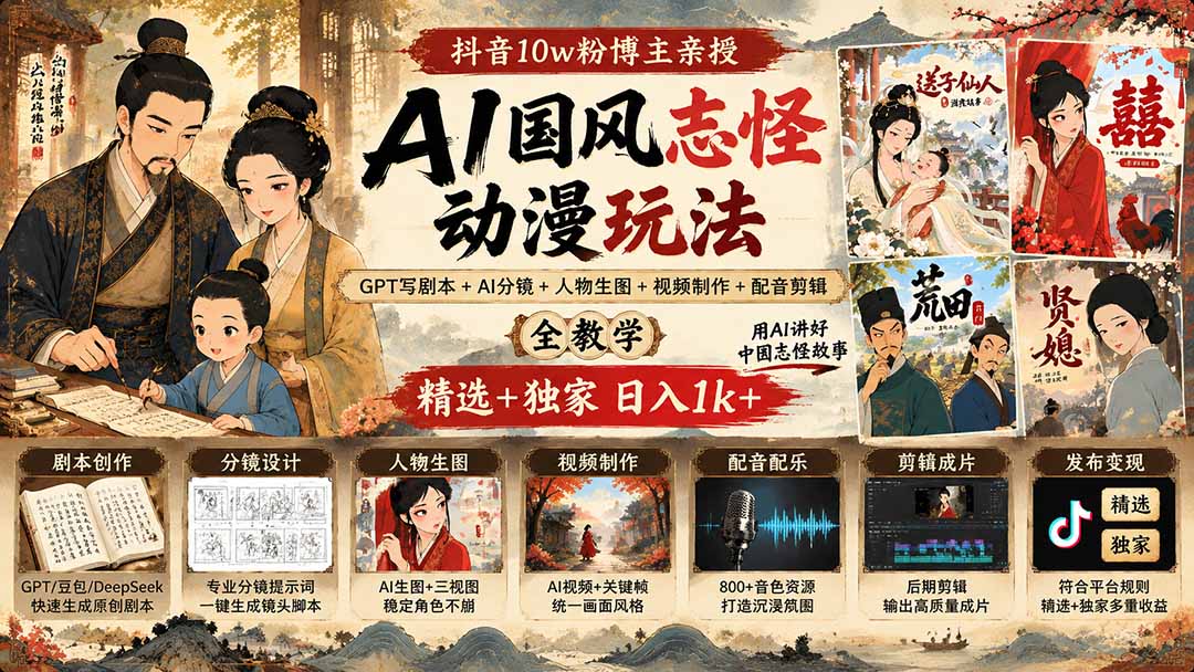 抖音10w粉博主亲授AI国风志怪动漫玩法|GPT写剧本+AI分镜+人物生图+视频制作+配音剪辑全教学|精选+独家日入1k+-泱泱学习社