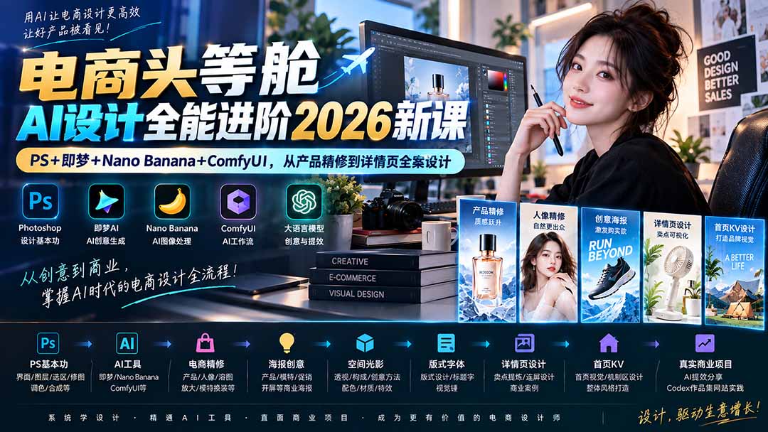 电商头等舱AI设计全能进阶2026新课:PS+即梦+Nano Banana+ComfyUI,从产品精修到详情页全案设计-泱泱学习社