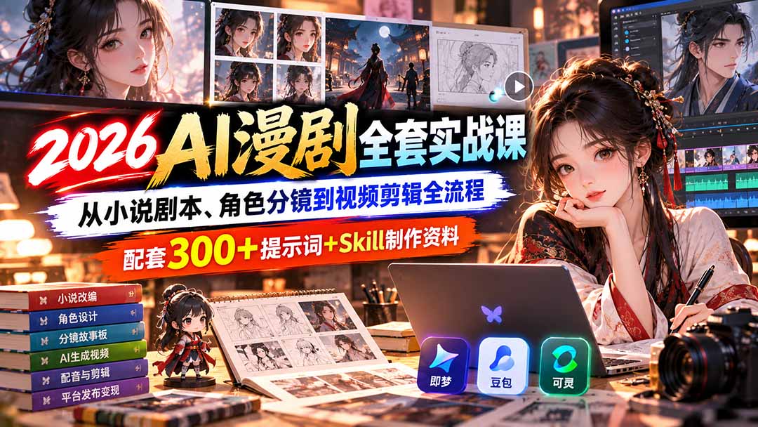 【无水印】2026AI漫剧全套实战课:从小说剧本、角色分镜到视频剪辑全流程,配套300+提示词+Skill制作资料-泱泱学习社