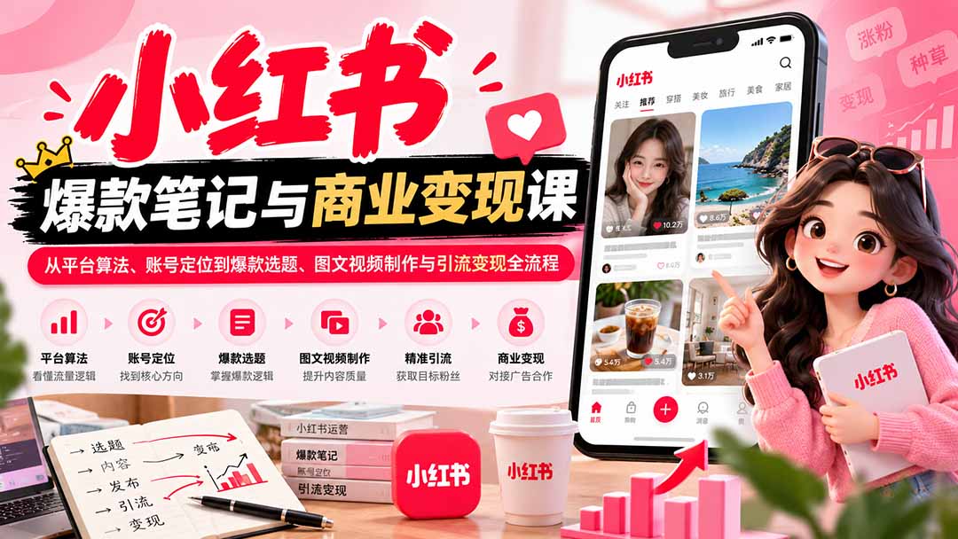 2026小红书爆款笔记与商业变现课：从平台算法、账号定位到爆款选题、图文视频制作与引流变现全流程-泱泱学习社
