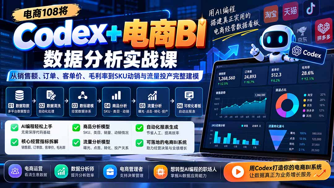 Codex+电商BI数据分析实战课-更新:从销售额、订单、客单价、毛利率到SKU动销与流量投产完整建模-泱泱学习社