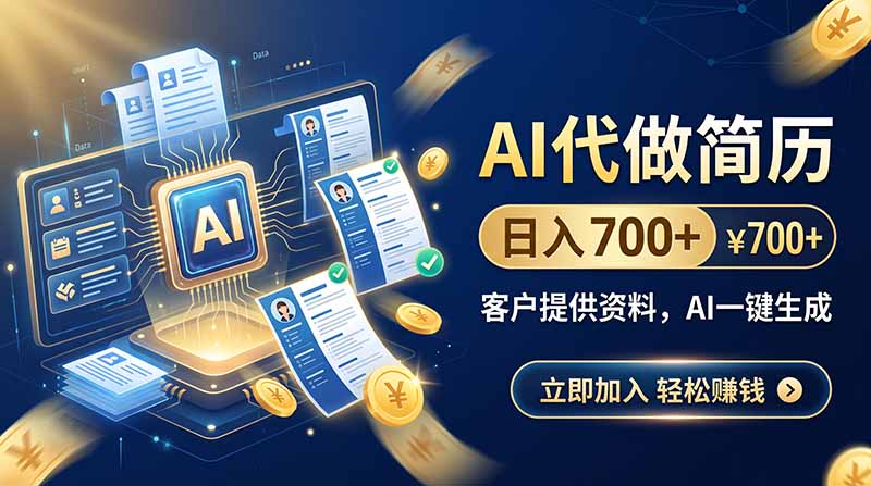 AI代做简历，日入700+，客户提供资料，AI一键生成-泱泱学习社