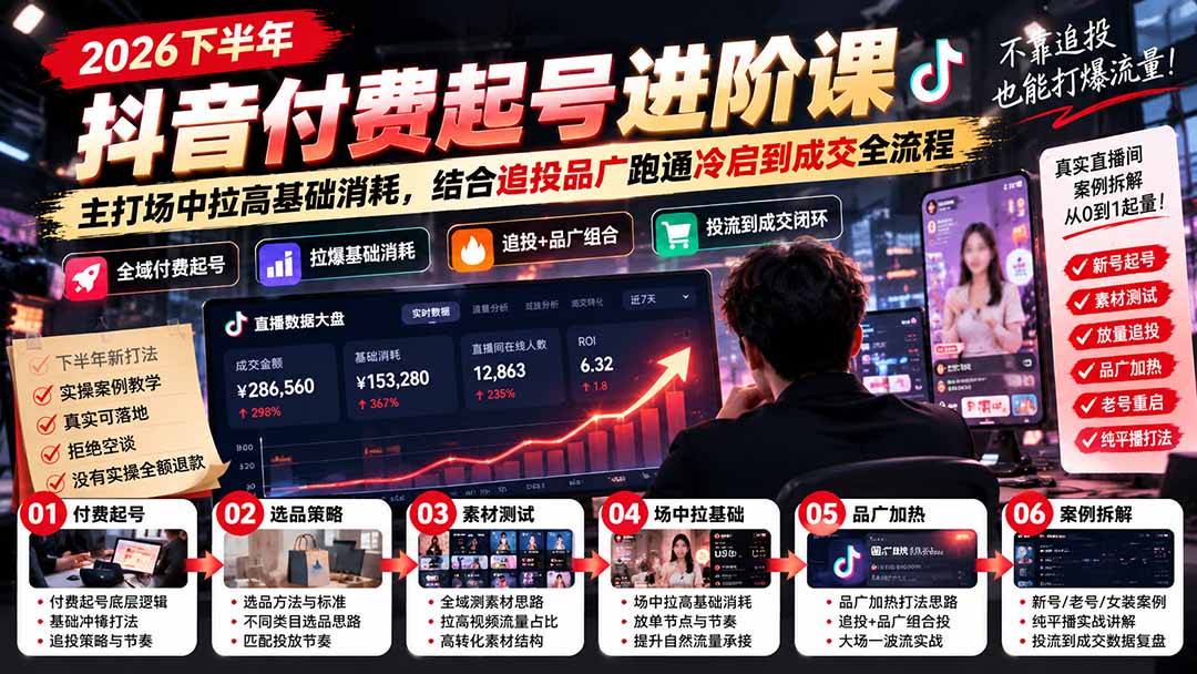 2026下半年抖音付费起号进阶课:主打场中拉高基础消耗,结合追投品广跑通冷启到成交全流程-泱泱学习社