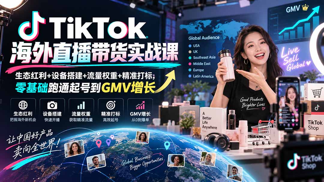 TikTok海外直播带货实战课|生态红利+设备搭建+流量权重+精准打标,零基础跑通起号到GMV增长-泱泱学习社