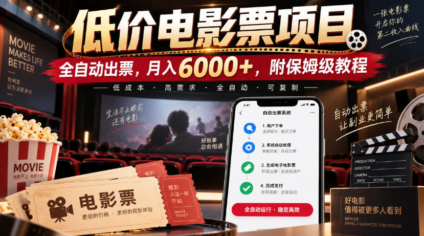 低价电影票项目,全自动出票,月入6000+,附保姆级教程【揭秘】-泱泱学习社