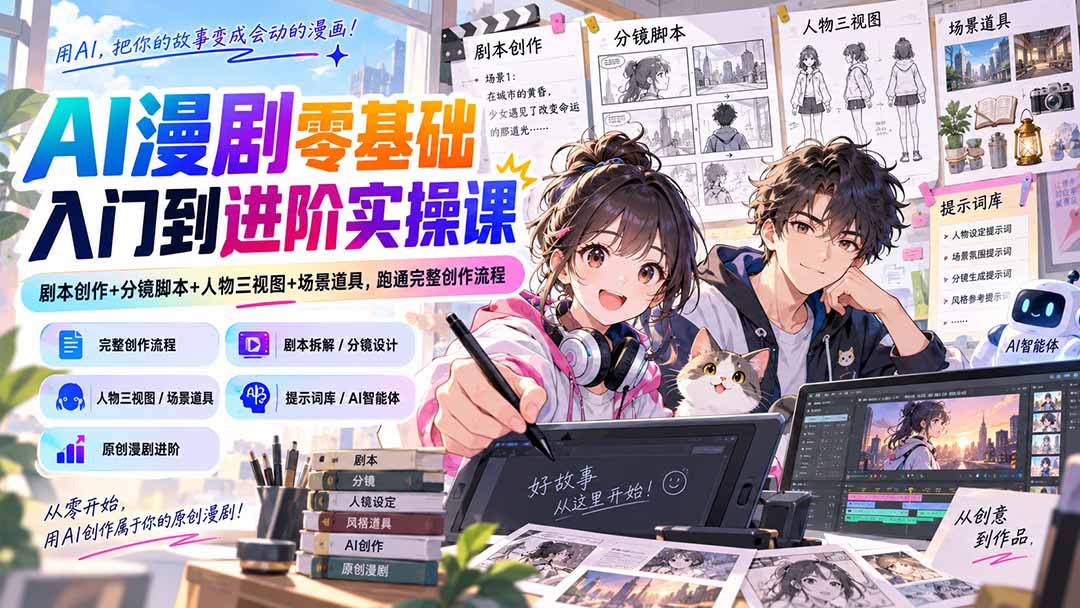AI漫剧零基础入门到进阶实操课：剧本创作+分镜脚本+人物三视图+场景道具，跑通完整创作流程-泱泱学习社