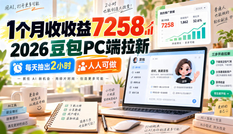 1个月收收益7258，2026豆包PC端拉新，每天抽出2小时，人人可做-泱泱学习社
