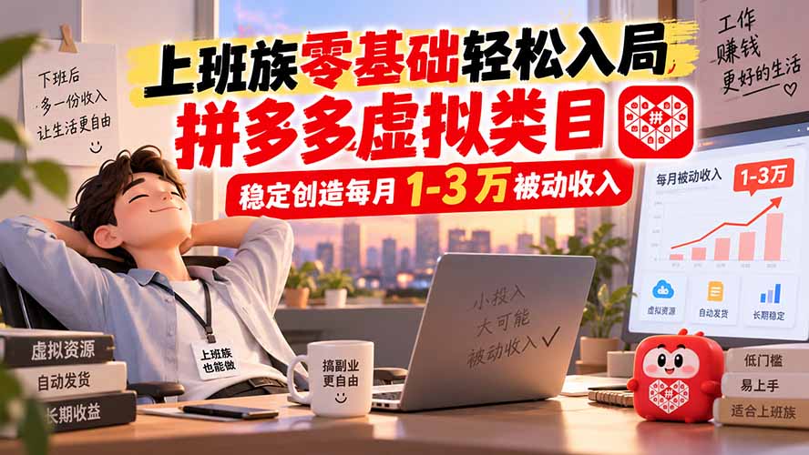 上班族零基础轻松入局,拼多多虚拟类目,稳定创造每月 1-3 万被动收入-泱泱学习社