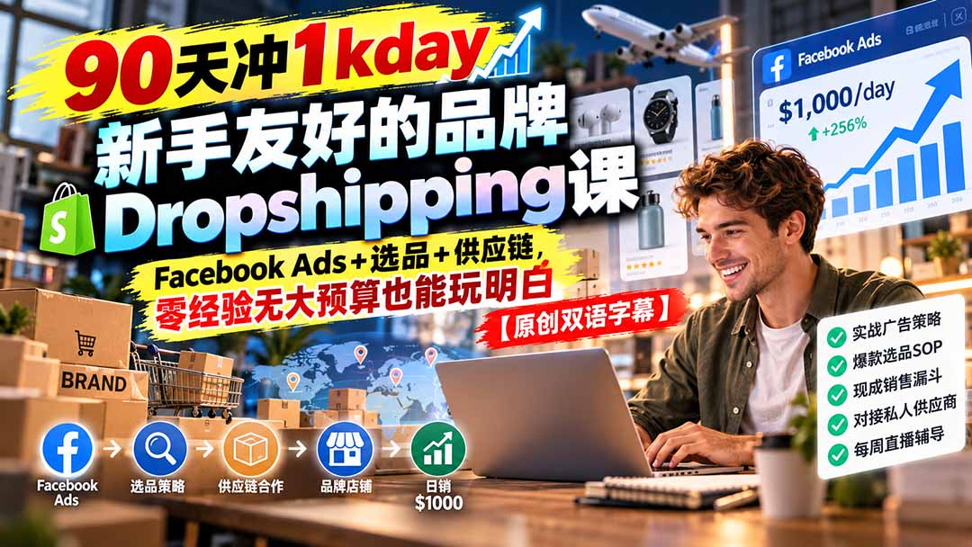 90天冲1kday 新手友好的品牌Dropshipping课:Facebook Ads+选品+供应链,零经验无大预算也能玩明白【原创双语字幕】-泱泱学习社