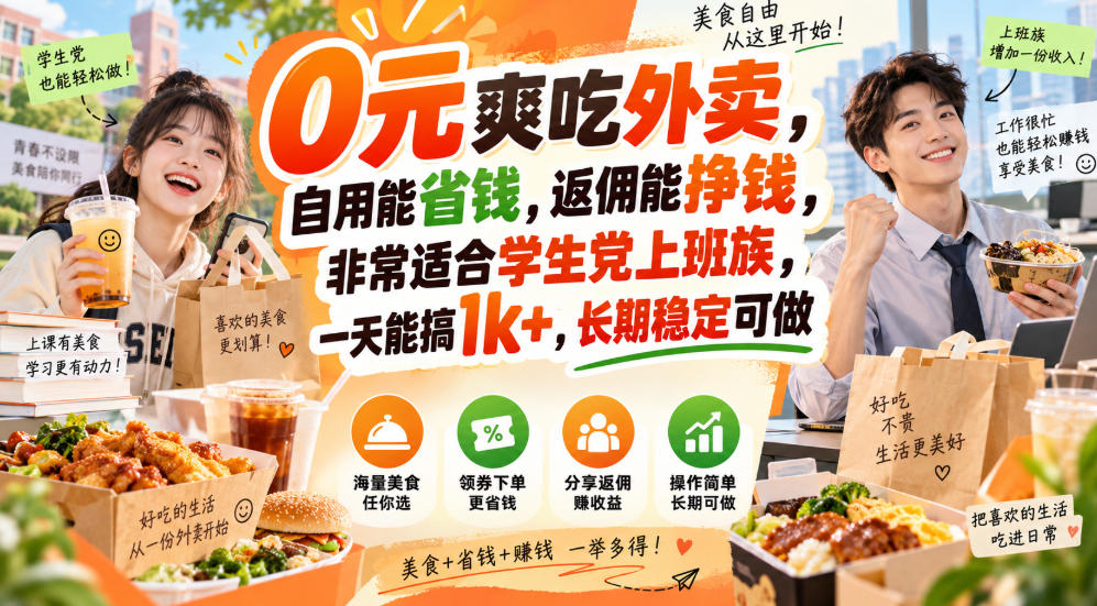 0元爽吃外卖，自用能省钱，返佣能挣钱，非常适合学生党上班族，一天能搞1k+，长期稳定可做-泱泱学习社
