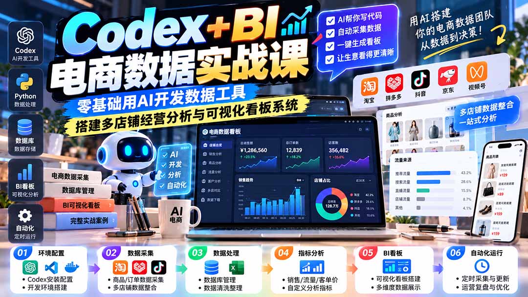 Codex+BI电商数据实战课：零基础用AI开发数据工具，搭建多店铺经营分析与可视化看板系统-泱泱学习社
