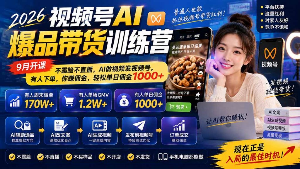 2026视频号AI爆品带货训练营-9月开课|不露脸不直播,AI做视频发视频号,有人下单,你赚佣金,轻松单日佣金1000+-泱泱学习社