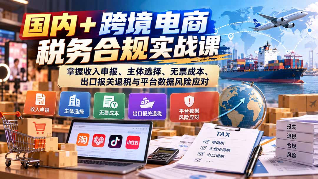 国内+跨境电商税务合规实战课:掌握收入申报、主体选择、无票成本、出口报关退税与平台数据风险应对-泱泱学习社