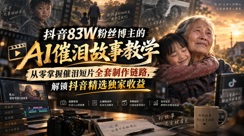 抖音83W粉丝博主的AI催泪故事教学，从零掌握催泪短片全套制作链路，解锁抖音精选独家收益-泱泱学习社