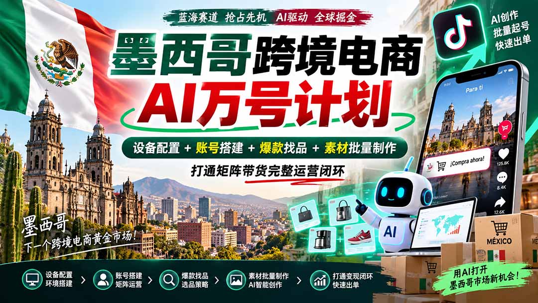 墨西哥AI跨境电商万号计划｜设备配置+账号搭建+爆款找品+素材批量制作，打通矩阵带货完整运营闭环-泱泱学习社