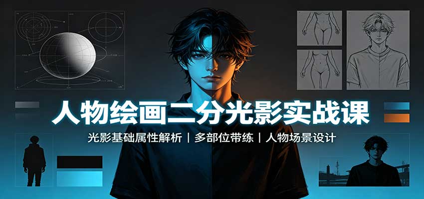 人物绘画二分光影实战课:光影基础属性解析,多部位带练,人物场景设计-泱泱学习社