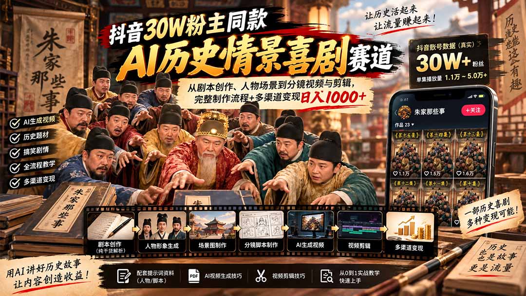 抖音30W粉博主同款AI历史情景喜剧赛道:从剧本创作、人物场景到分镜视频与剪辑,完整制作流程+多渠道变现日入1000+-泱泱学习社