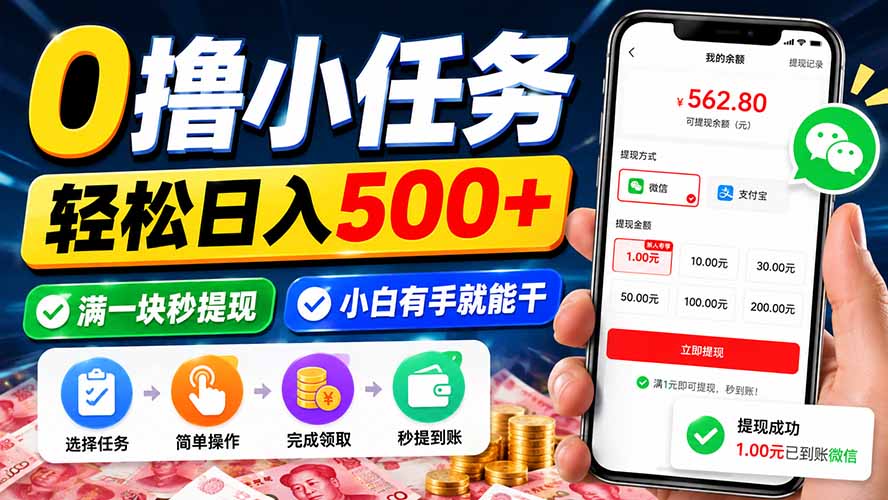0撸小任务,轻松日入500+,满一块秒提现,小白有手就能干-泱泱学习社