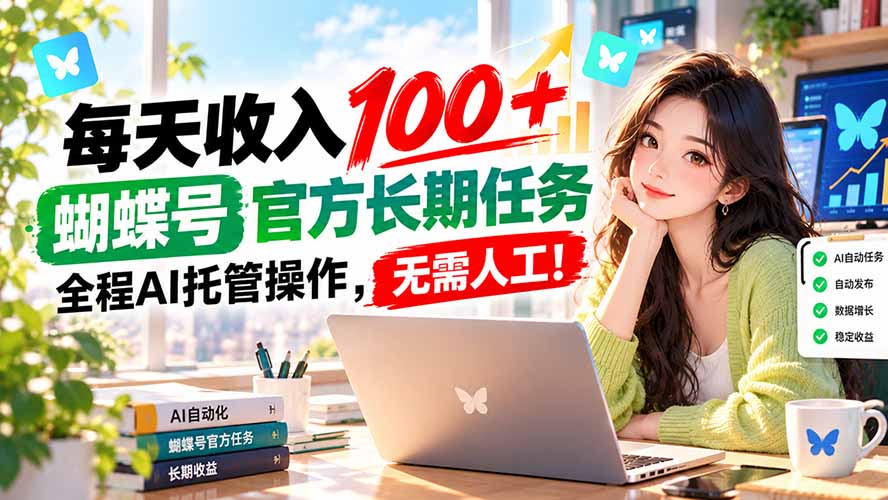 每天收入100+, 蝴蝶号官方长期任务, 全程ai托管操作,无需人工!-泱泱学习社