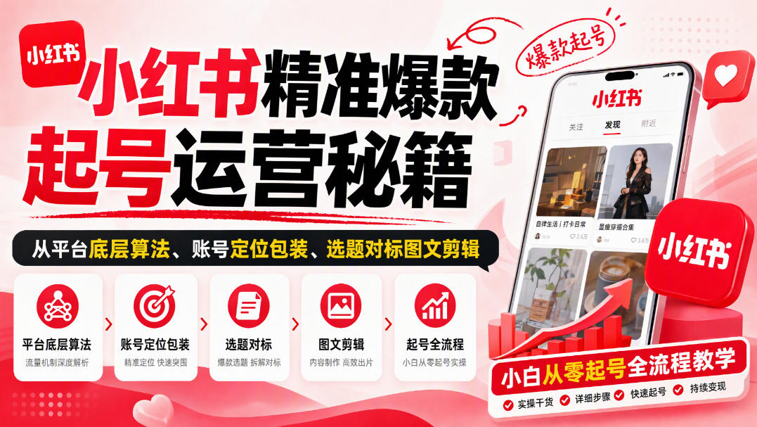 小红书精准爆款起号运营秘籍,从平台底层算法、账号定位包装、选题对标图文剪辑,小白从零起号全流程-泱泱学习社