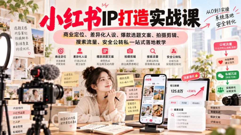 小红书ip打造实战课,商业定位、差异化人设、爆款选题文案、拍摄剪辑、搜索流量、安全公转私一站式落地教学-泱泱学习社