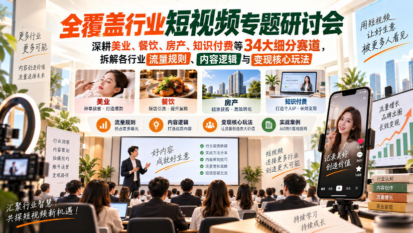 短视频专题研讨会,深耕美业、餐饮、房产、知识付费等34大细分赛道,拆解各行业流量规则、内容逻辑与变现核心玩法-泱泱学习社