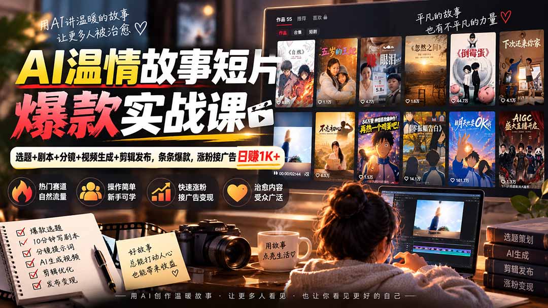 AI温情故事短片爆款实战课-更新|选题+剧本+分镜+视频生成+剪辑发布,条条爆款,涨粉接广告日赚1K+-泱泱学习社