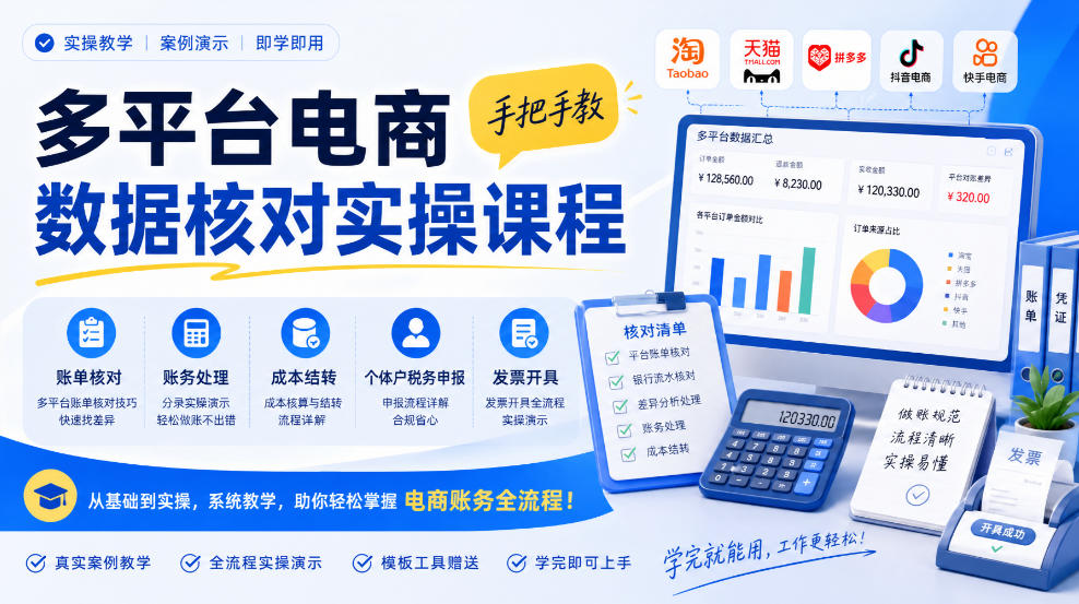 多平台电商数据核对实操课程，手把手教账单核对、账务处理、成本结转、个体户税务申报与发票开具-泱泱学习社