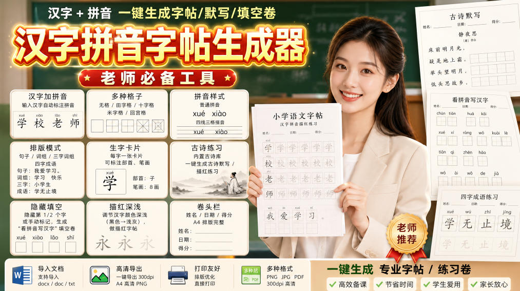 学习神器，汉字拼音字帖生成器，汉字+拼音 一键生成字帖/默写/填空卷，支持词组、成语，老师、家长必备-泱泱学习社