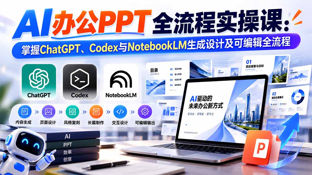 【无水印】AI办公PPT全流程实操课： 掌握ChatGPT、Codex与NotebookLM生成设计及可编辑全流程-泱泱学习社
