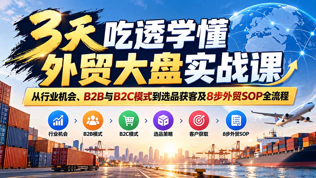 3天吃透学懂外贸大盘实战课:从行业机会、B2B与B2C模式到选品获客及8步外贸SOP全流程-泱泱学习社