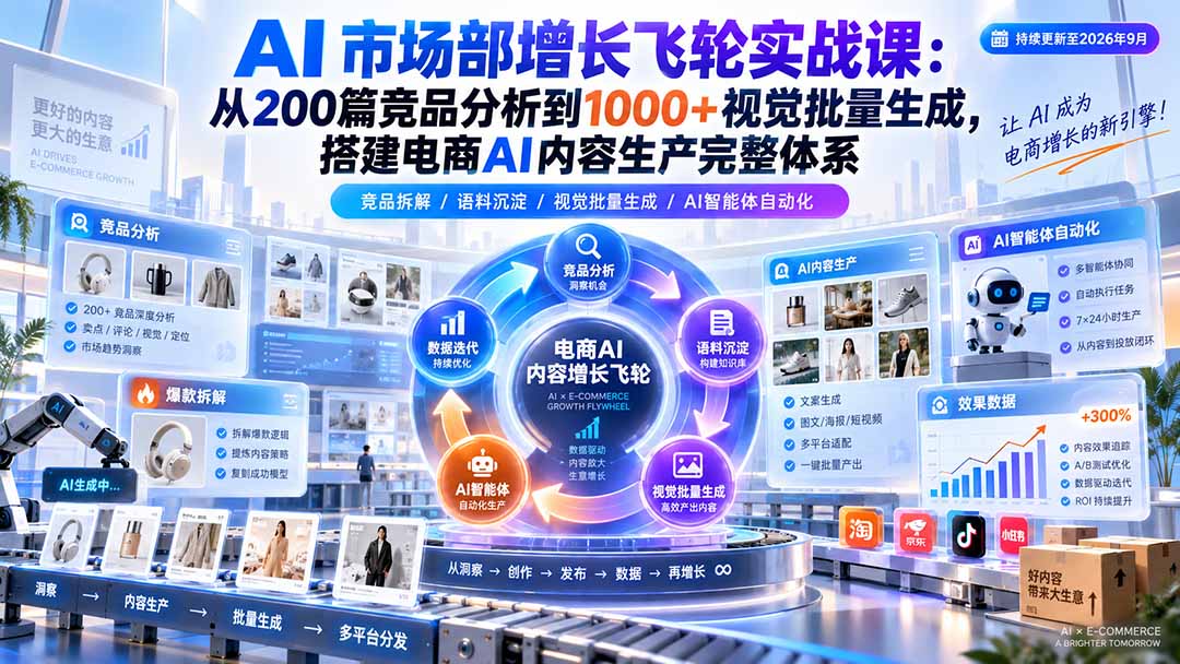AI 市场部增长飞轮实战课:从200篇竞品分析到1000+视觉批量生成,搭建电商AI内容生产完整体系-泱泱学习社