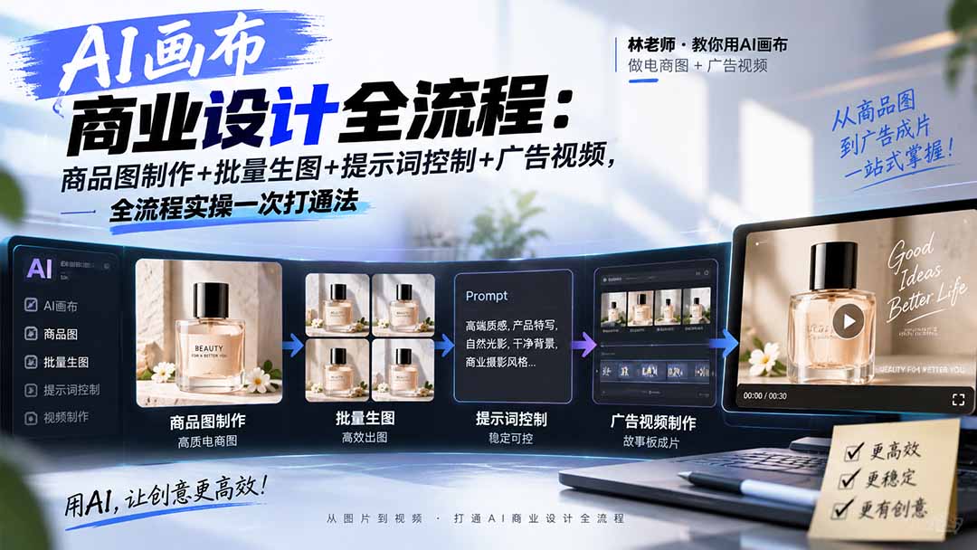 AI画布商业设计全流程：商品图制作+批量生图+提示词控制+广告视频，全流程实操一次打通法-泱泱学习社