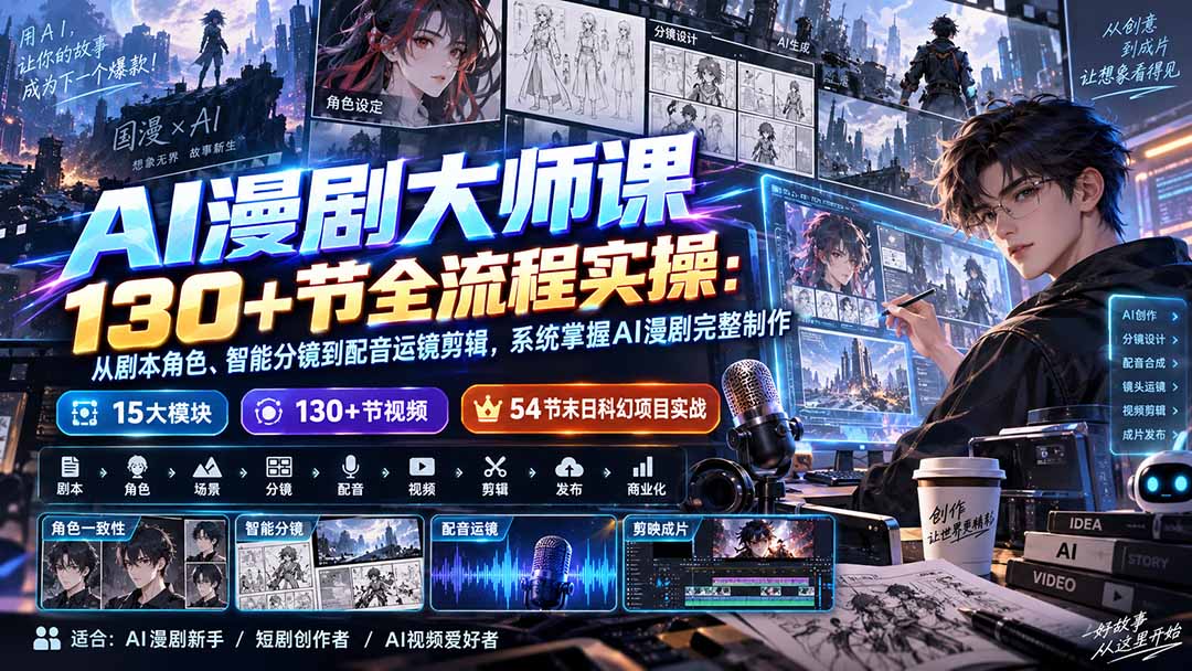 AI漫剧大师课130+节全流程实操:从剧本角色、智能分镜到配音运镜剪辑,系统掌握AI漫剧完整制作-泱泱学习社