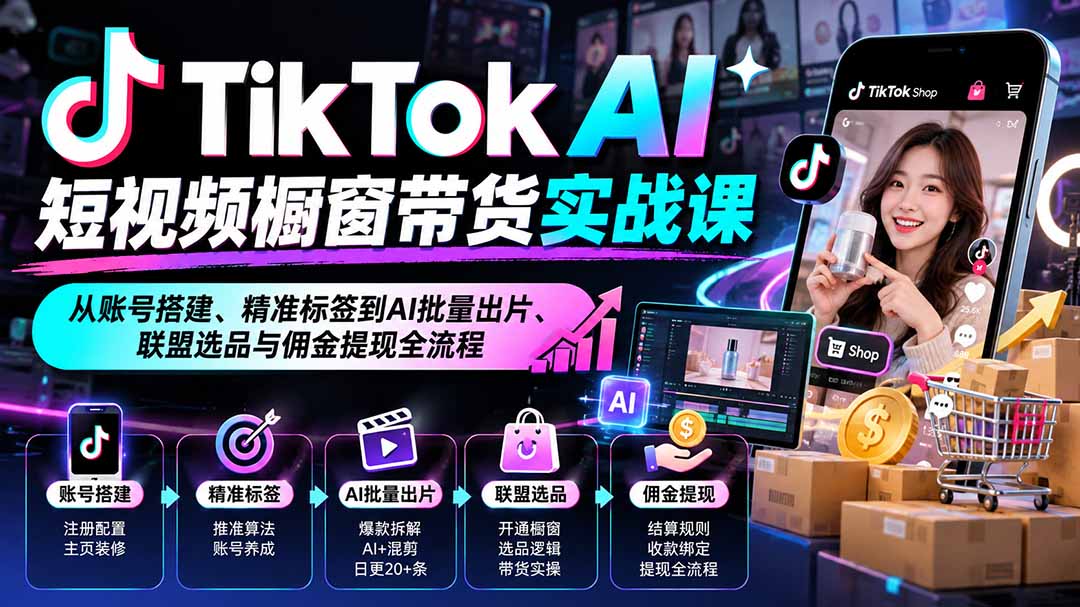 TikTok AI短视频橱窗带货实战课：从账号搭建、精准标签到AI批量出片、联盟选品与佣金提现全流程-泱泱学习社