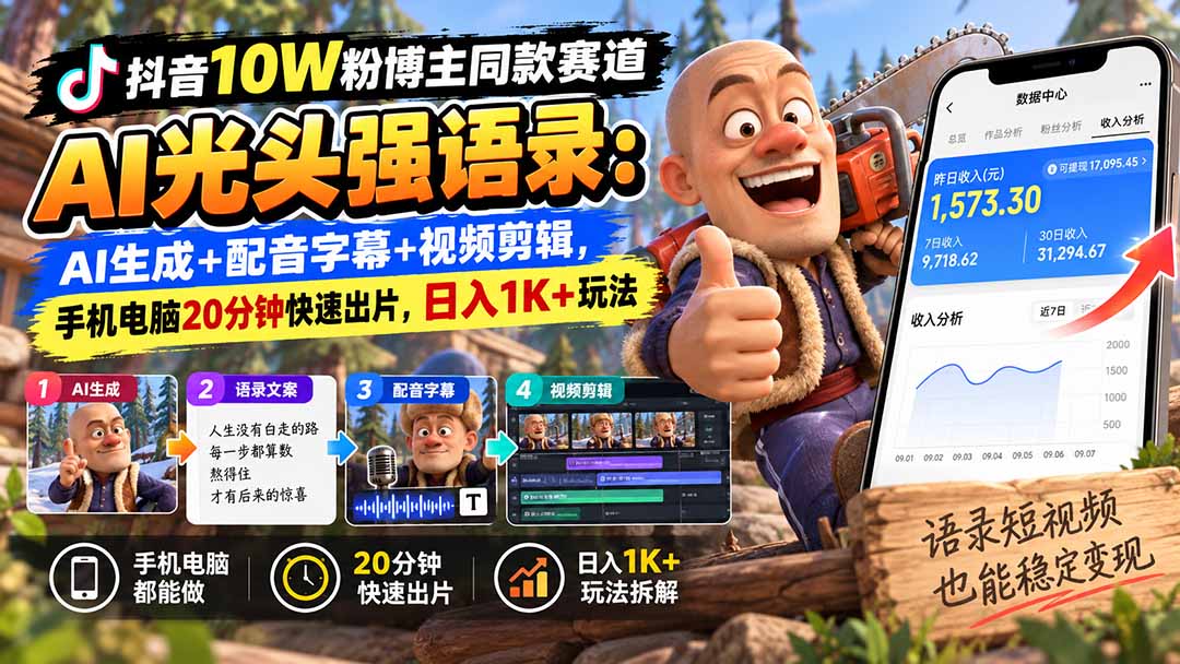 【无水印】抖音10W粉博主同款赛道AI光头强语录:AI生成+配音字幕+视频剪辑,手机电脑20分钟快速出片,日入1K+玩法-泱泱学习社