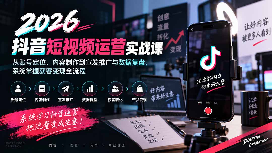 2026抖音短视频运营实战课:从账号定位、内容制作到宣发推广与数据复盘,系统掌握获客变现全流程-泱泱学习社