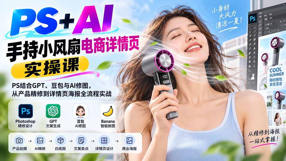 PS+AI手持小风扇电商详情页实操课：PS结合GPT、豆包与AI修图，从产品精修到详情页海报全流程实战-泱泱学习社