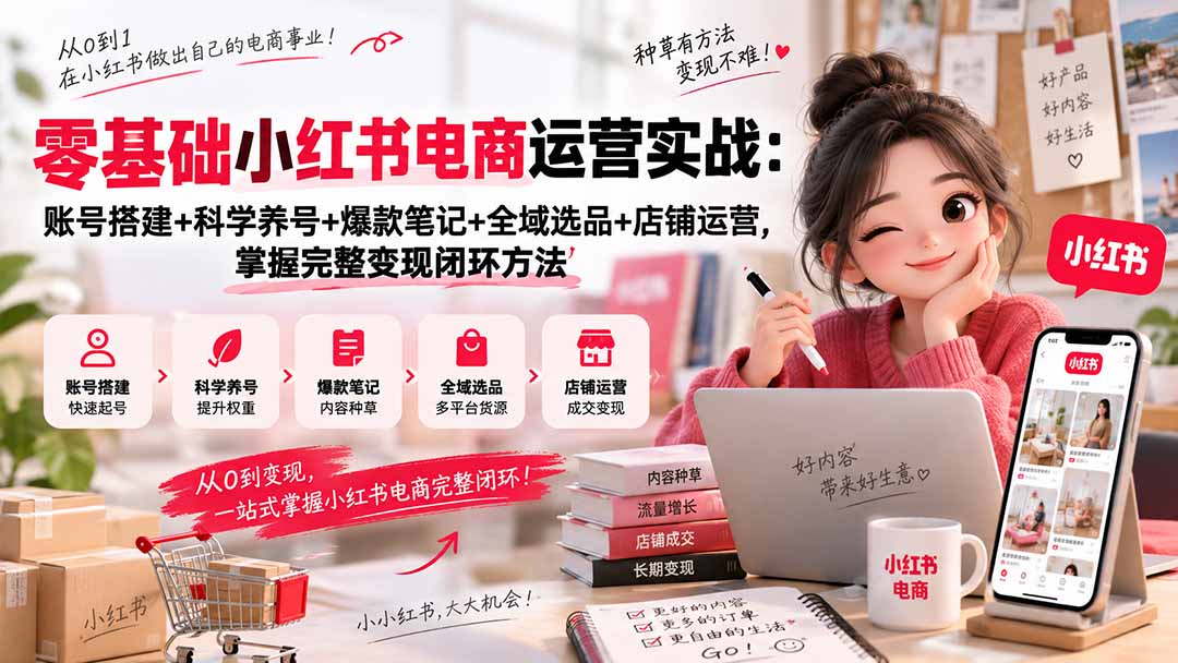 零基础小红书电商运营实战：账号搭建+科学养号+爆款笔记+全域选品+店铺运营，掌握完整变现闭环方法-泱泱学习社