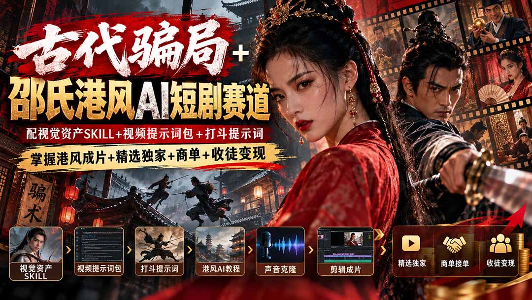 古代骗局+邵氏港风AI短剧赛道:配视觉资产SKILL+视频提示词包+打斗提示词,掌握港风成片+精选独家+商单+收徒变现-泱泱学习社