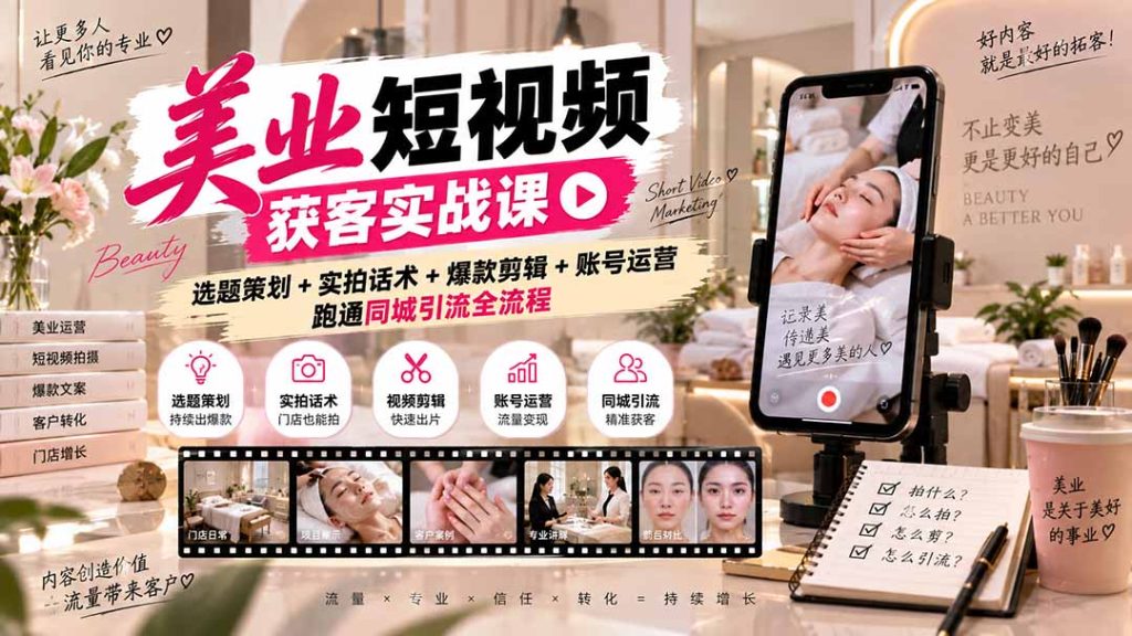 美业短视频获客实战课-无水印:选题策划+实拍话术+爆款剪辑+账号运营,跑通同城引流全流程-泱泱学习社