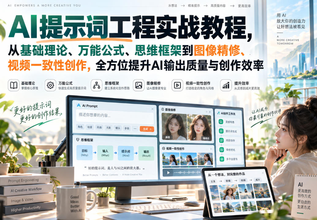 AI提示词工程实战教程，从基础理论、万能公式、思维框架到图像精修、视频一致性创作，全方位提升AI输出质量与创作效率-泱泱学习社
