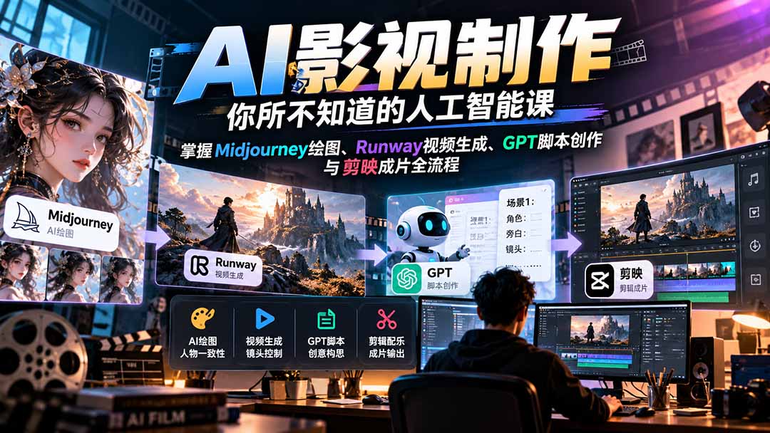 【无水印】AI影视制作-你所不知道的人工智能课,掌握Midjourney绘图、Runway视频生成、GPT脚本创作与剪映成片全流程-泱泱学习社