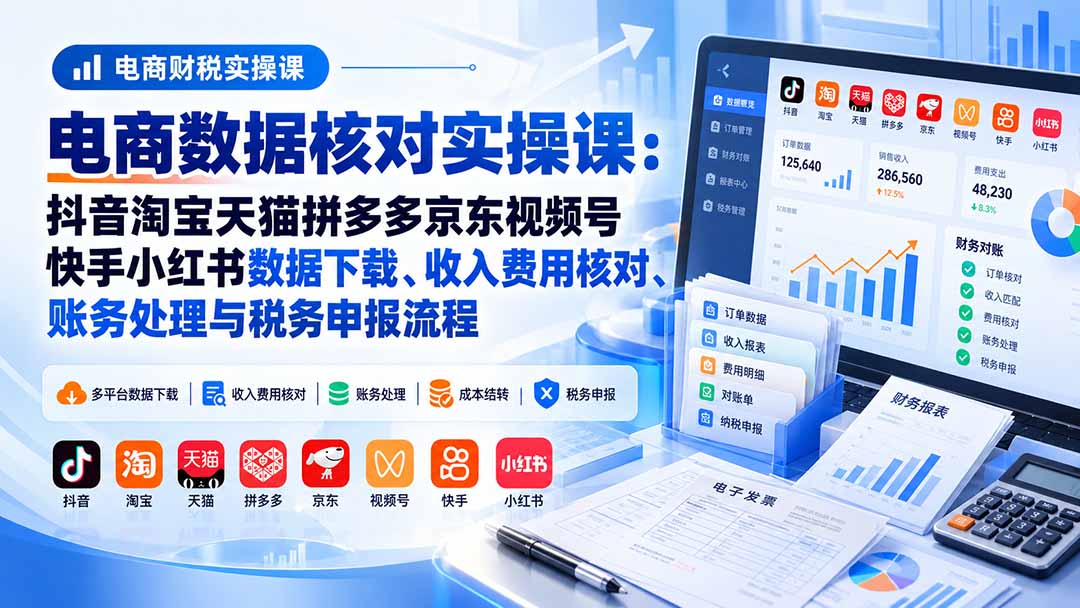 电商数据核账实操课:抖音淘宝天猫拼多多京东视频号快手小红书数据下载、收入费用核对、账务处理与税务申报流程-泱泱学习社