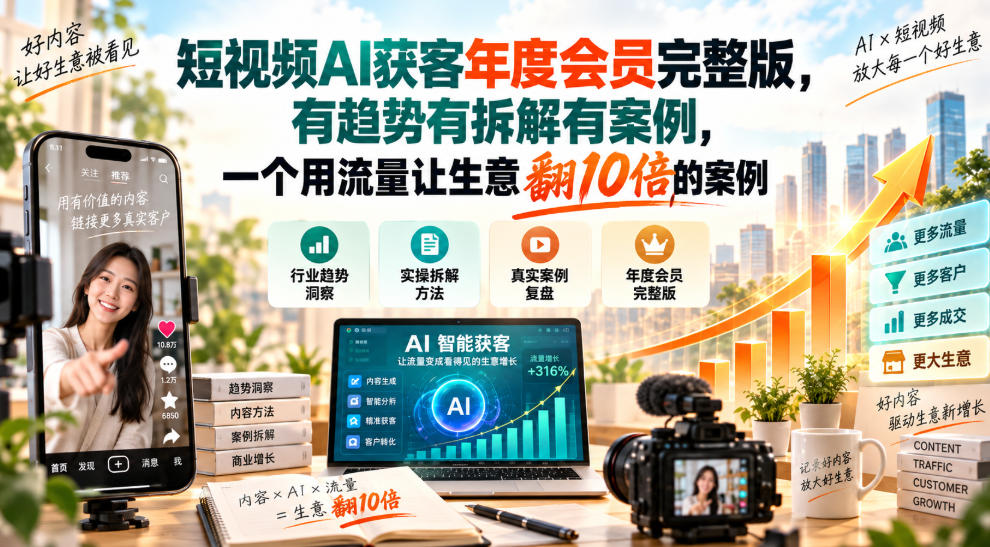 短视频AI获客年度会员完整版,有趋势有拆解有案例,一个用流量让生意翻10倍的案例-泱泱学习社