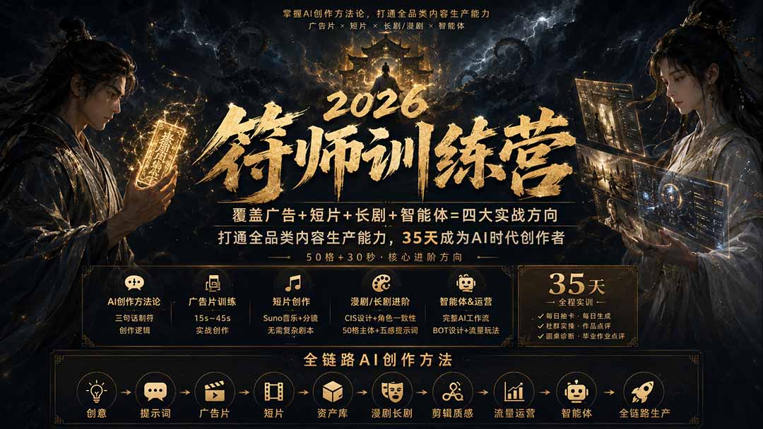 符师训练营-35天成为AI时代创作者，广告+短片+漫剧+智能体四大实战方向，掌握从创意到上线的完整工作流-泱泱学习社