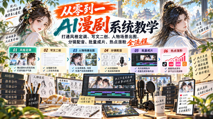 从零到一AI漫剧系统教学，打通风格定调、写文二创、人物场景出图、分镜配音、批量成片、热点涨粉全流程-泱泱学习社