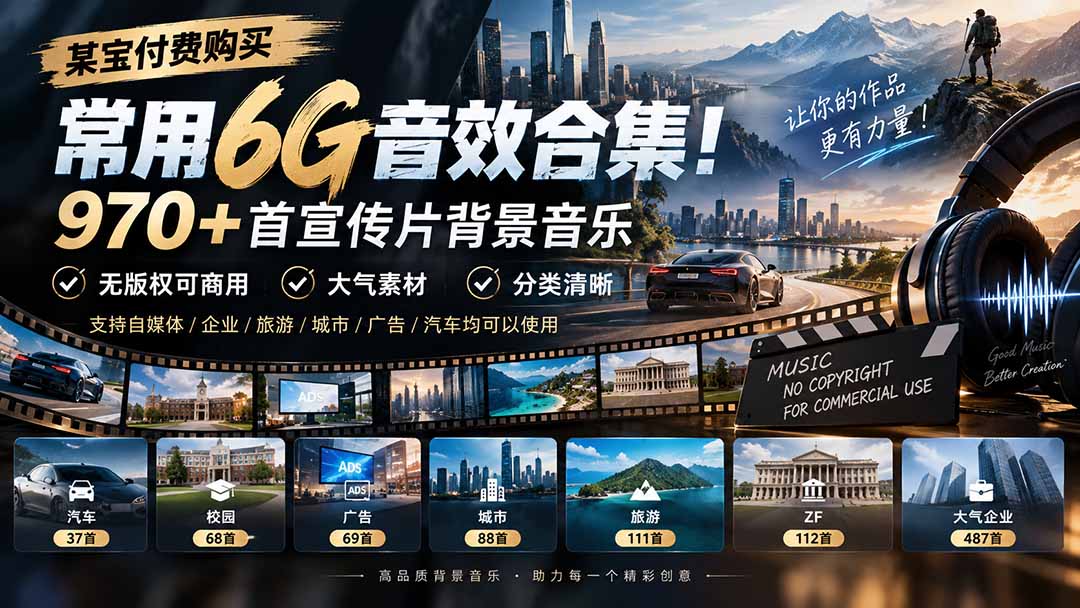 某宝付费购买,常用6G音效合集!970+首宣传片背景音乐,无版权可商用大气素材,分类清晰-泱泱学习社